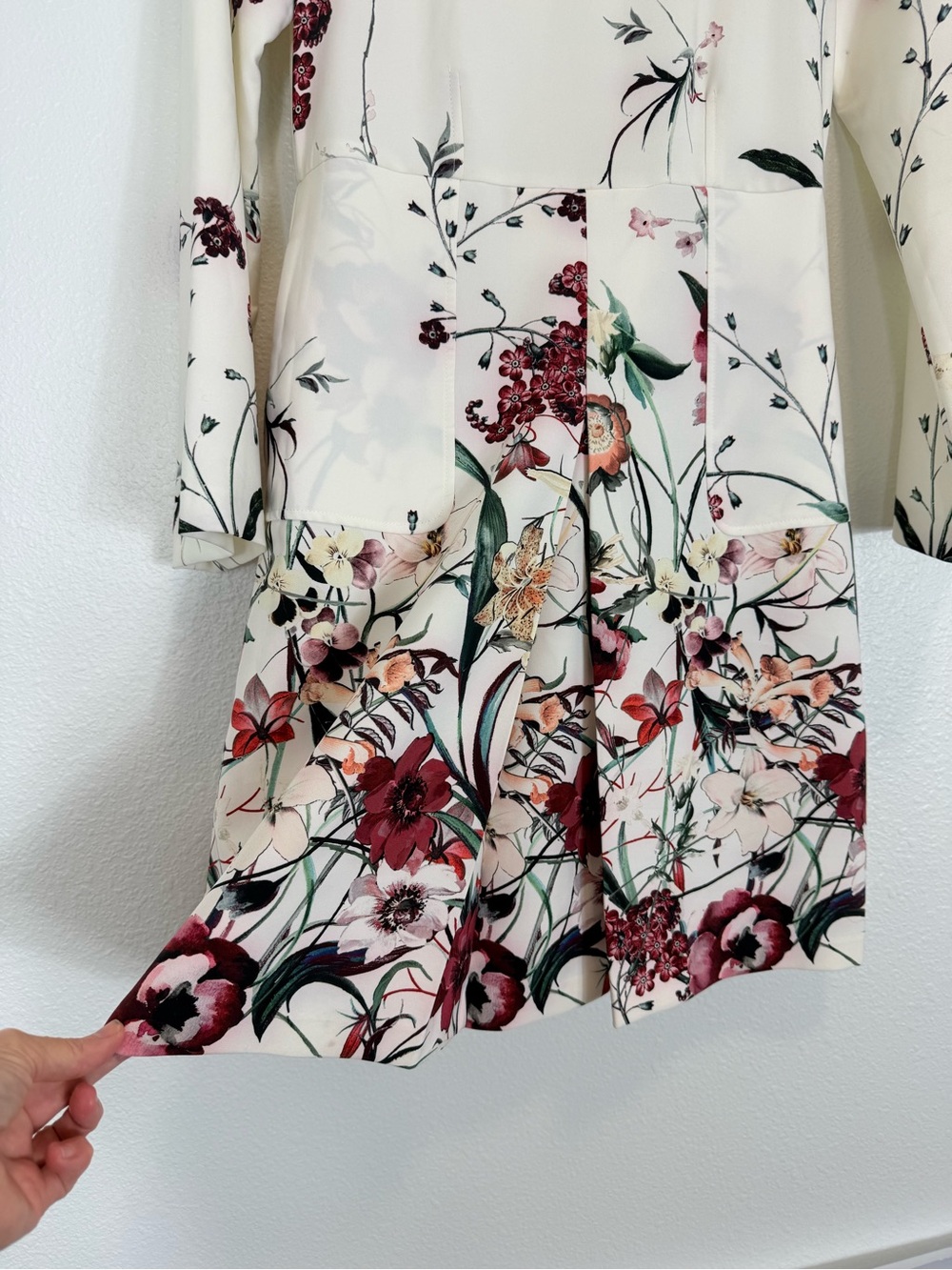 Zara Woman Cream Floral Long Sleeve A-Line Dress Pockets Pleat - Picture 2 of 8